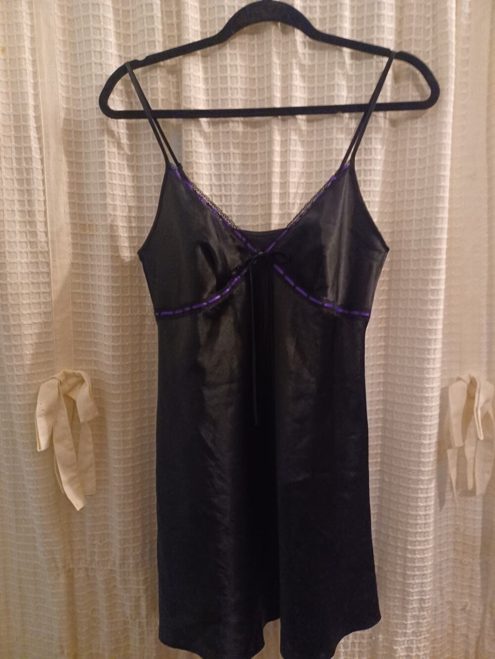 Satin Black Chemise with Purple Trim